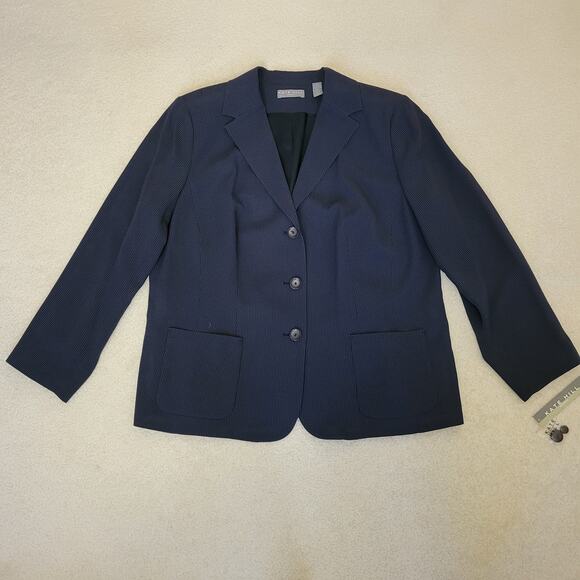 NWT Kate Hill Woman Sz 18W 3 Button Front Blazer Jacket Pockets Navy Blue Pindot - Picture 2 of 16